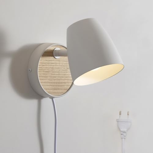 Wandleuchte mit Stecker,Vintage Wandlampe Weiß Holz,Metal Schirm Drehbar,Modern Innen Wandlampe mit Schalter Rund,Nachttischlampe Wand für Schlafzimmer Bett,Wohnzimmer,Flur,Treppen,Badezimmer,E27