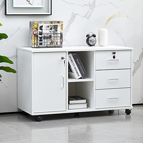 ZBAOLTO Rollcontainer, Abschließbar, mit 3 Schubladen und Schrankfach, 5 Rollen, 90x40x57cm Büroschrank Für Büro, Homeoffice, Arbeitszimmer, Weiß