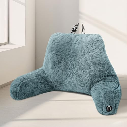 Nestl Pelz-Lesekissen, stilvolles Rückenkissen zum Sitzen im Bett, Kunstfell, Bettstuhlkissen mit Armen, Lesekissen zum Sitzen im Bett, Erwachsene & Kinder, Rückenstützkissen für Bettruhe, Steinblau