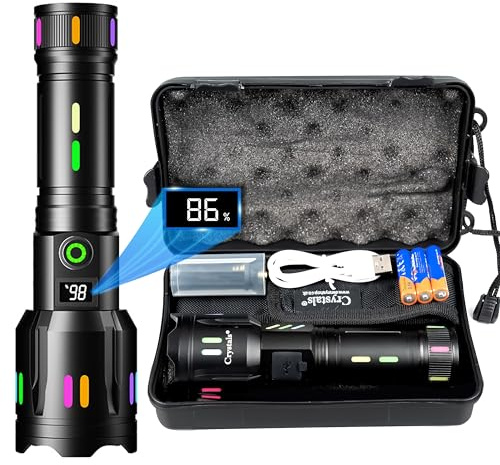 Crystals LED Rechargeable Torch, 500000 Lumens Bright Tactical Flashlight Torch with Adjustable Focus, 5 Lighting Modes, Powerful Waterproof Torch Light for Camping, Emergency, and Outdoor Use