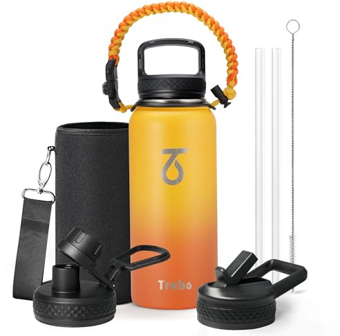 Trebo - Botella de agua de 32oz aislada con tapa y popote, termo de doble pared de acero inoxidable con asa de cuerda de paracaídas, mantiene el agua caliente durante 24 horas y fría durante 48 horas