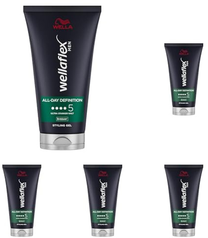 Wellaflex Men All-Day Definition Gel | Ultra starker Halt Styling Haargel | Veganes Haargel | Dermatologisch getestet & frei von Silikonen | 150ml (Packung mit 5)