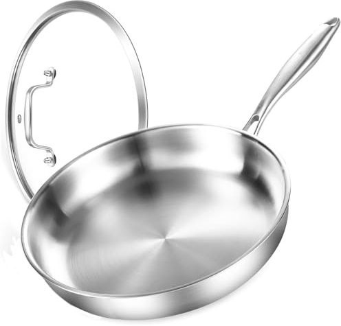 DELARLOCHEF Tri-ply Stainless Steel Frying Pan with Lids 22 cm, Fast Even Heat, Energy Saving, 8.6 Induction Frying Pan, Stainless Steel Skillet for Steak, Egg etc.Oven Safe