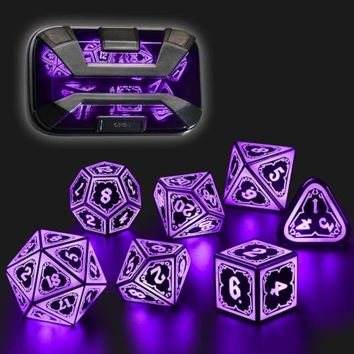 FONVGOGO LED DND Würfel Set Wiederaufladbar Leuchtendes 7-teilig für RPG | Coole Würfelset mit Ladebox, Polyedrisches Spielwürfel für Dungeons and Dragons Rollenspiele Tischspiele, Lila