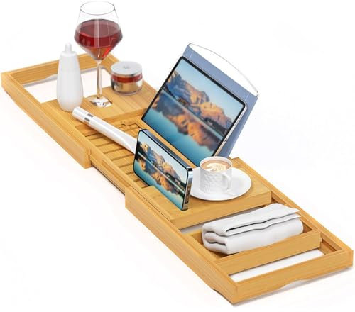 XXYLC Badewannenablage, Badezimmer-Caddy Verstellbares Badewannenbrett Badewannentisch, Aus Holz, Für Meisten Badewannen-Hält Buch, Ipad, Telefon, Glas, Kerze