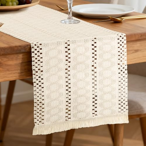 Segus Tischläufer Baumwolle Leinen mit Quasten, 30x180cm Makramee Tischläufer Vintage, Table Runner, Waschbar und Wiederverwendbar, für Hochzeitsdeko, Tischdeko Geburtstag (Beige)