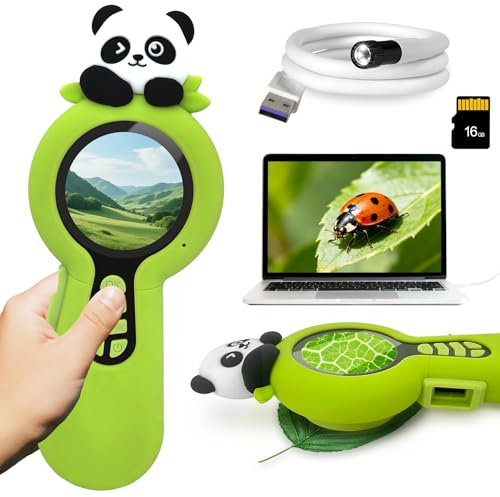 Microscope numérique 2 en 1 pour Enfants, Un Objectif Photo et Un Objectif de microscopique, Microscope Enfant 100X, Carte mémoire 16GB, pour Petits explorateurs, Panda, avec Endoscope