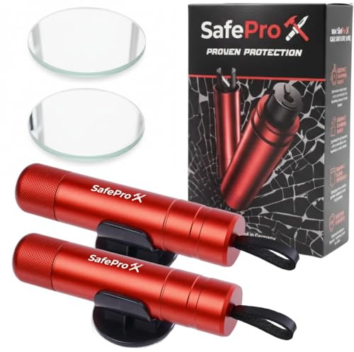 SafePro X Marteau d'urgence pour voiture | Brise-vitre et coupe-ceinture de sauvetage | Outil de secours compact pour une aide rapide en cas d'accident et la sécurité en déplacement (Pack de 2)