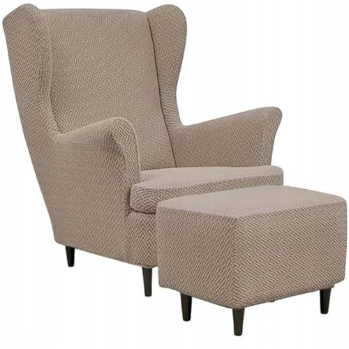 Domidekor Ohrensessel Überzug & Ottoman Schonbezug - Sesselbezug Stretch + Polsterhocker Beige - Strandmon Sessel Bezug und Hockerbezug - Elastisch Samt Velour Schmutzabweisend - Oeko-Tex 100