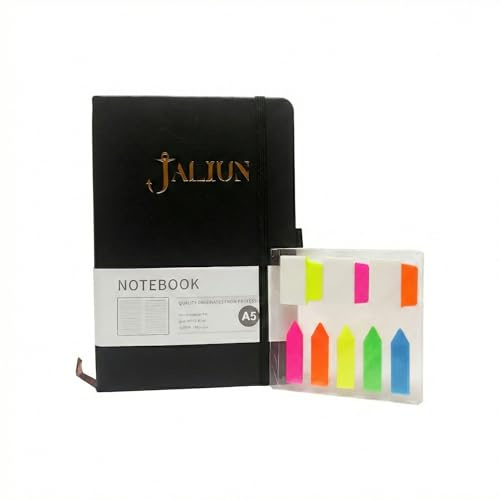 Jaliun Taccuino A5 a Righe Quaderno Professionale con Copertina Rigida | Copertina rigida nera con dettagli oro, carta avorio liscia, elastico, segnalibro e tasca interna.