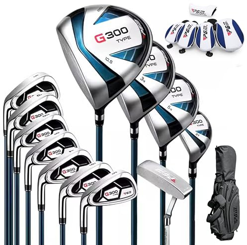 PGM 18 Pieces Men’s Golf Club Set 12pcs Clubs – Titanium #1 Driver, Draw-Biased Hybrid, High-Strength Irons, Forgiving Putter, Stand Bag with 5 Head Covers (Left-Handed, Regular + 1 inch)