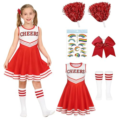 Costume Cheerleader Enfant, Lot de 7 tenues de pom-pom avec jupe, Deguisement Pompom Enfant, avec robe, pompons, chaussettes, nœud, épingle à cheveux et autocollants, pour carnaval, fêtes à thème