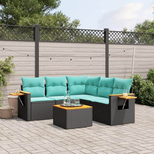 Tonture 6-TLG. Garten-Sofagarnitur Schwarz aus Poly Rattan, modulares Outdoor Loungesofa mit Akazienholz-Tisch, UV-beständig, für Terrasse & Balkon