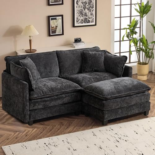 SoarFlash Modulares Wohnzimmer-Sofa, Chenille mit Doppelkissen, Schwarz 2-Sitzer + 1 Hocker(L)
