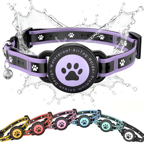 JIARUI Airtag Katzenhalsband mit Sicherheitsverschluss & AirTag Halter | Reflektierend Katzenhalsband und Glocke, Bequeme Polsterung & Verstellbar Wasserdicht Kätzchenhalsban (Lila, 8-10.5)