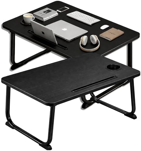 PECZEKO laptopbord vikbart – laptopstativ med surfplattehållare, frukostbricka av trä, bord för soffa och säng, multifunktionellt laptopbord för arbete, läsning och mat, 1 st svart