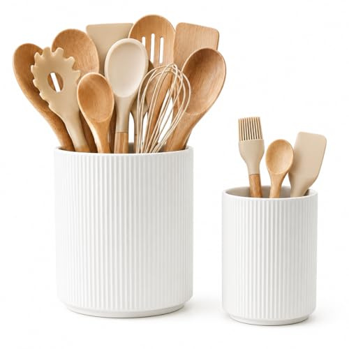 QUELIEN Support d'ustensiles de cuisine en céramique pour plan de travail, organiseur d'ustensiles de cuisine de 17,8 cm + 15,4 cm pour plan de travail de cuisine, cadeau idéal pour pendaison de