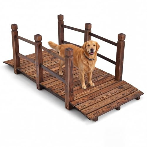 GYMAX Brücke aus Tannenholz, dekorative Teichbrücke mit Geländer, stabile Gartenbrücke bis 180 kg belastbar, Holzbrücke für Teich, Gartenweg & Hof, 150 x 67 x 55 cm (Braun)