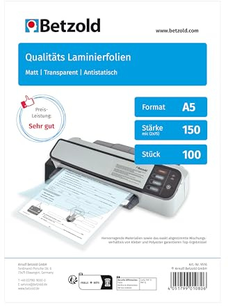 Betzold Laminierfolien DIN A5 | 100 Stück, Laminiertaschen, reiß- und wasserfest, Bürobedarf