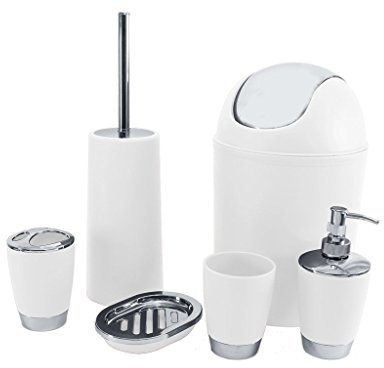 SHINE BATHROOM SET 6 PIECE ACCESSORY BIN SOAP DISH DISPENSER TUMBLER TOOTHBRUSH HOLDER (WHITE)