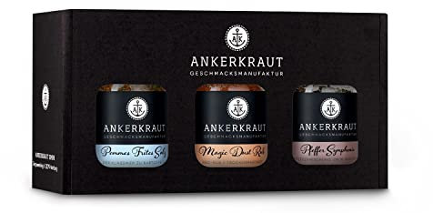 Ankerkraut Geschenkset Best Of Ankerkraut, mit Pommes Salz, Magic Dust BBQ Rub und Pfeffer Symphonie, drei Gewürzgläser im Sichtfenster Karton