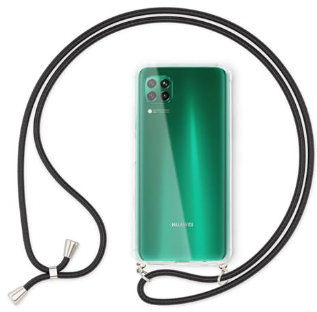 NALIA Handykette für Huawei P40 Lite - Hybrid-Case - Hülle, Schwarz | Crossbody oder kurz tragbar, Kordel ca. 1,60m mit Metall-Enden, 2 stabile Ringe am Gehäuserand, Air-Cushion Ecken