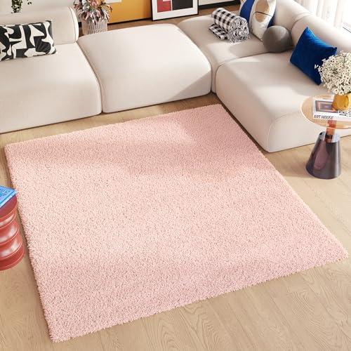 Essence Teppich Quadratisch Shaggy Hochflor Langflor Rosa Einfarbig Weich Modern Design Wohnzimmer Schlafzimmer ÖKOTEX 120 x 120 cm