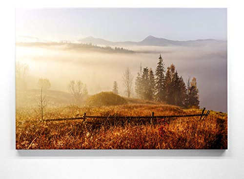 Atemberaubendes Herbst-Panorama-Bild - Lichtung im Nebel - als 110x50cm großes XXL Leinwandbild. Wandbild als Hintergrund und Deko für Wohnzimmer & Schlafzimmer. Aufgespannt auf Holzrahmen