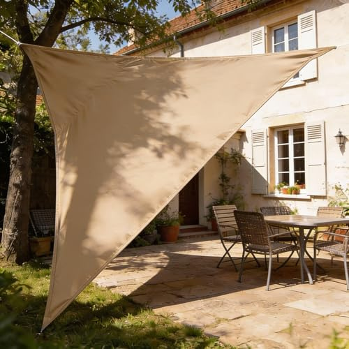 HAIKUS Voile d'ombrage Imperméable Triangulaire 5x5x5m, Toile Ombrage PES Résistant à l'eau, Filet dombrage Triangle 5m Résistant 98% Protection Rayons UV pour Patio Jardin Extérieur, Sable 5x5x5