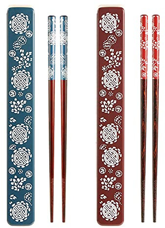 2 Pairs Portable Chopsticks Set with Case - Reusable Natural Wooden Chopsticks - Japanese Style Eco-Friendly for Sushi, Noodle, Picnic, Kitchen - Blue and Red, White
