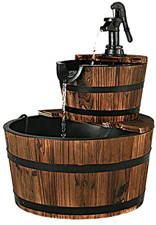 RELAX4LIFE Gartenbrunnen aus Tannenholz, Ø 44,5 cm Holzbrunnen mit Wasserpumpe, Zweistöckiger Springbrunnen mit einstellbarem Wasserdurchfluss, Geschlossener Wasserkreislauf, 19 L, Dekobrunnen Garten