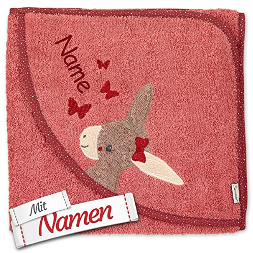 Sterntaler Kapuzenhandtuch Esel Emmily & Emmilius mit Namen Bestickt für Baby & Kinder, Frottee Badetuch Badehandtuch/Kinder-Badetuch mit Kapuze personalisiert, 100x100 Mädchen