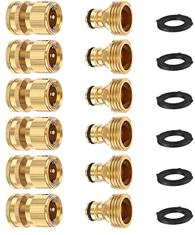 FINEST+ Garden Hose Quick Connector, Solid Brass 3/4 Inch Thread Fitting No-Leak Water Hose Female and Male Easy Connect (6 Sets)