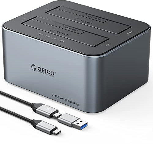 ORICO Base de Conexion Docking Station para Discos de 2.5 y 3.5 con Función de Clonación, UASP, Aluminio USB 3.2 Gen 2 SSD/HDD Estación de Acoplamiento, Soporte 2*18TB, sin Herramientas.