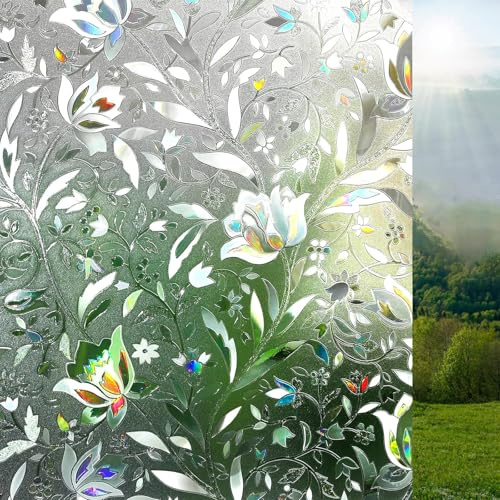 Lifetree Fensterfolie Blickdicht Selbsthaftende: Sichtschutzfolie 3D Regenbogen Fenster Dekorfolie Statisch Haftend ohne Klebstoff Anti UV Sonnenschutzfolie für Büro Wohnzimmer Blumen Tulpe 30x400cm