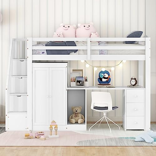 I0I&I0I Hochbett 90 x 200 mit Kleiderschrank, Schreibtisch, Schubladen und Treppe - Platzsparendes Design in (Weiß)