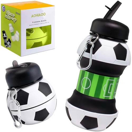 AOHIAOO Borraccia Pieghevole, Borraccia Calcio Bambino, Borracce Silicone Pieghevole Senza BPA, Borracce da Escursionismo Campeggio Movimento Scuola, Appassionati di Calcio Idea Regalo - 550ml