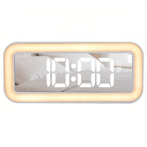Lancoon Digital Spiegel Wecker mit Nachtlicht LED Lautstärke Dual Alarm Kalender 3 Stufen Einstellbaren Helligkeit Temperatur Snooze für Studenten Schlafzimmer
