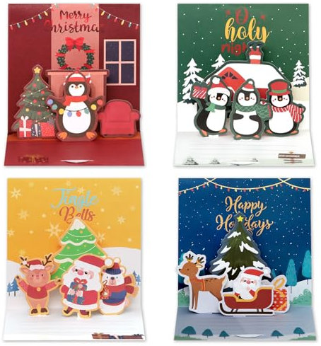 KSKSPE Weihnachtskarten mit Umschlag Set (4 Stück),Weihnachtskarte 3D,Weihnachts-Grußkarte,Grußkarten für Familie und Freunde zu Weihnachten.