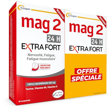 MAG 2-24H Extra fort - Magnésium, vitamine B6, vitamine D et taurine - Anti-nervosité et anti-fatigue - Complément alimentaire - Programme 45 jours - Lot de 2-2x45 comprimés