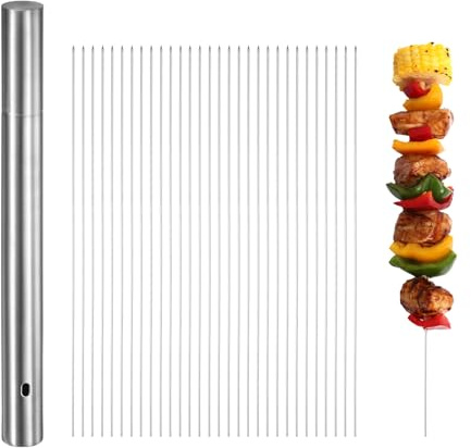 M METERXITY Confezione da 100 spiedini per kebab, 28 cm, in metallo, per grigliare in acciaio inox 304, con tubo portatile per feste, all'aperto, barbecue