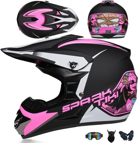 PAESCOY Motorradhelm Cross Damen Herren Full Face MTB Helm Motocross Helm DOT/ECE-Zertifizierter Mit Schutzbrillen Maske Handschuhe Downhill Helm Mopedhelm Schutzhelm Für Cruiser Chopper,Pink/C-M