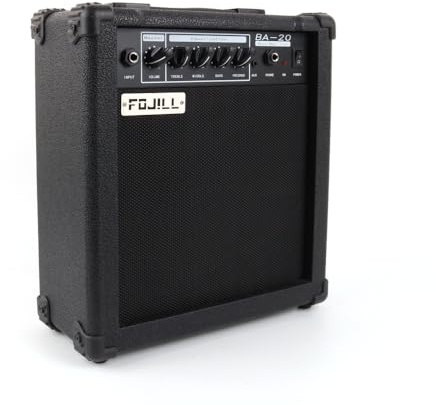 Fojill BA-20 20W Watt Electric Bass Guitar Amplifier Amp Practice Small Portable Travel Amp with Headphone Jack Aux Distortion Gain Treble Bass Volume Jack (Black)