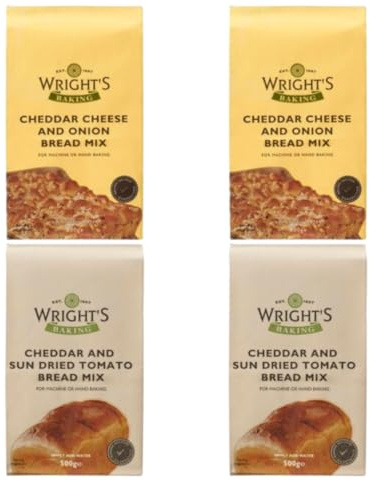 Cheddar & Sundried Tomato Bread Mix 2X500g & Cheddar & Onion Bread Mix 2X500g – For Homemade Mediterranean Style Breads, Pizza Bases, Rolls & Loaves, Vegetarian, Bread Machine & Hand-Baking