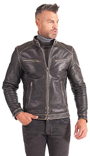 D'Arienzo Giacca Vera Pelle Nera Biker Vintage Uomo Giubbotto Giubbino Moto Made in Italy Hamilton 46/Nero