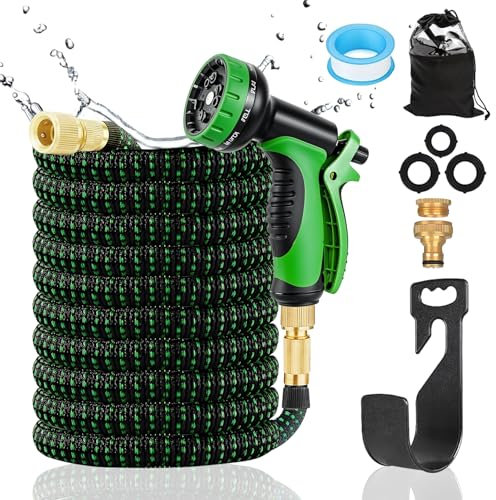 Flexible Gartenschlauch 15M/50FT, Strapazierfähiger Latex Wasserschlauch 3/4' und 1/2' Metallanschlüsse, Wasserschlauch Dehnbarer mit 10 Funktionsdüsen und Wandhalter, 3450D-Gewebe, Knickfrei