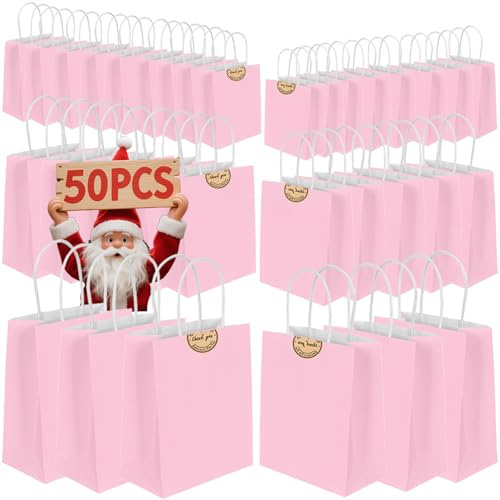 50 Stück Geschenktüten mit Henkel, 3 Größen Papiertüten mit Aufklebern,130GMS Kraftpapier tüten, Einkaufen Hochzeiten Partys Geburtstag Weihnachten Halloween (Pink)