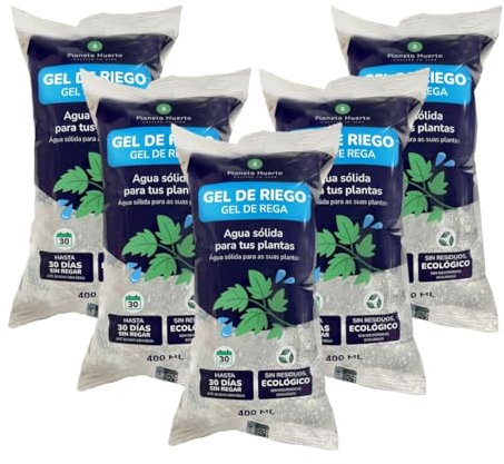PLANETA HUERTO | Pack 5 x Gel de Riego 400 ml Hidrogel Autorriego Plantas Hasta 30 Días - Gel de Riego Automático para Macetas, Jardines, Huertos Urbanos y Plantas de Interior