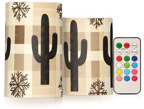 aidingzhi Lot de 2 bougies d'extérieur sans flamme avec télécommande et télécommande pour Noël Motif cactus Buffalo Plaid Flocons de neige Marron