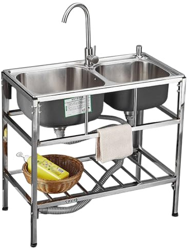 Freistehende Edelstahl Spültisch 2 Becken mit Wasserhahn, Outdoor-Spüle mit Ablassvorrichtung, Ablagefach für Restaurants, Wäschereien, 83 * 44 * 85 CM
